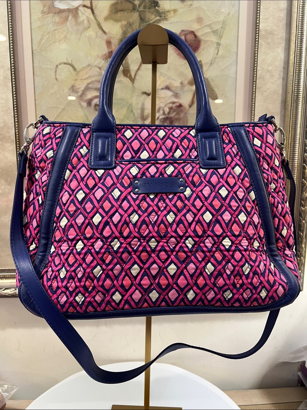 Vera Bradley Pink Quilted Tote with Navy Accents